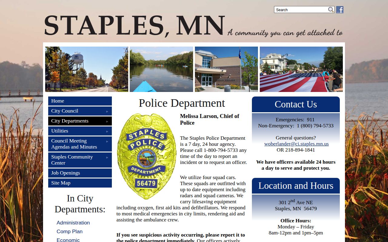 Staples Police Department official contact page for Staples booking record lookup