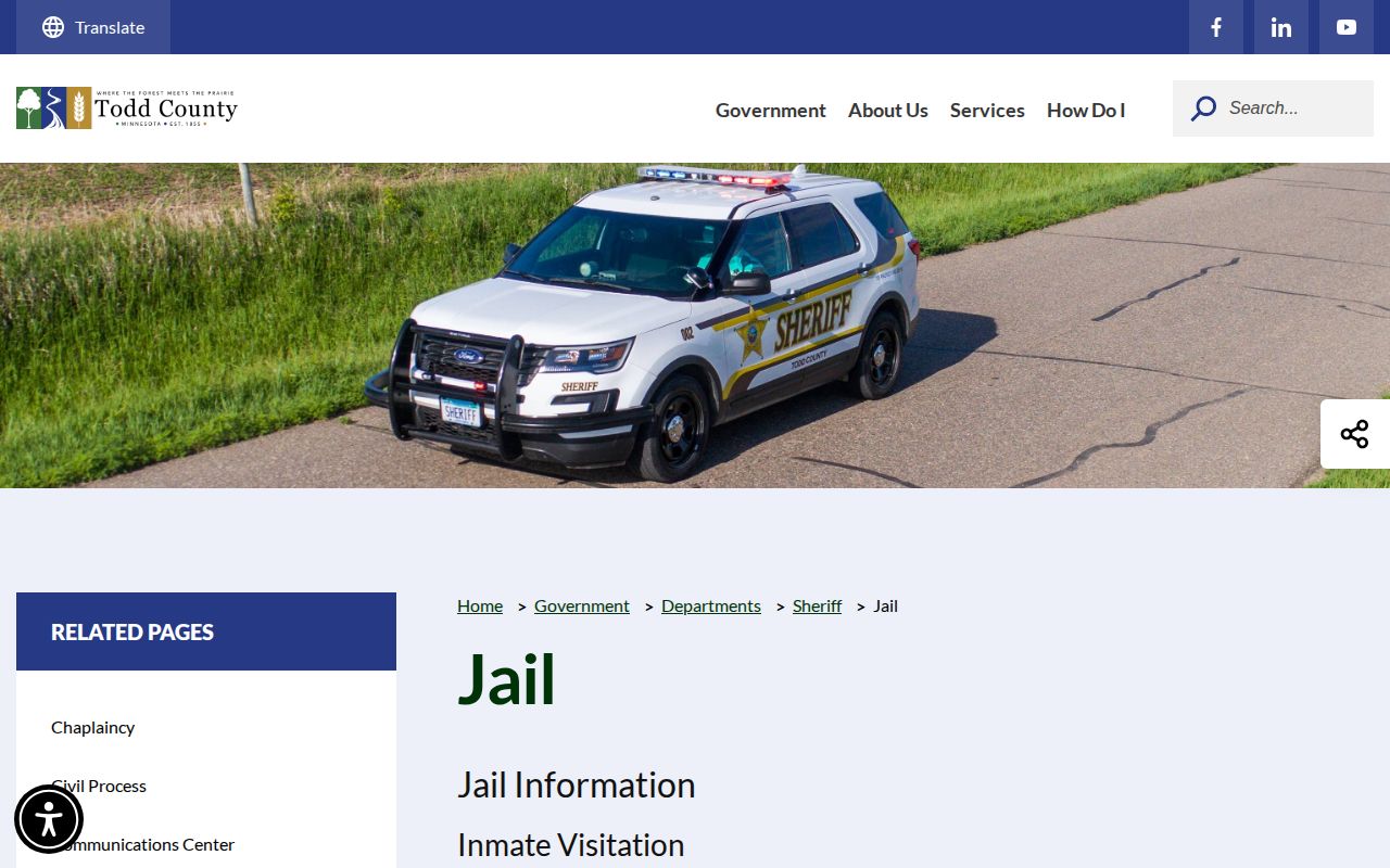 Todd County Jail information page for booking records and roster access